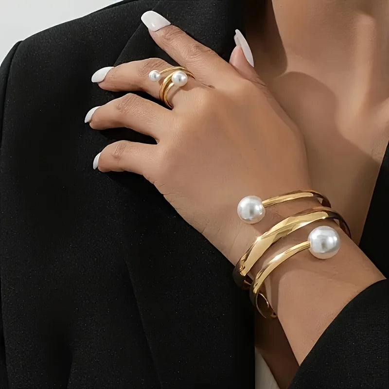 2-piece Fashionable Geometric Imitation Pearl Multi-layer Bracelet Ring, Women's Personalized Trendy Party Accessories Jewelry