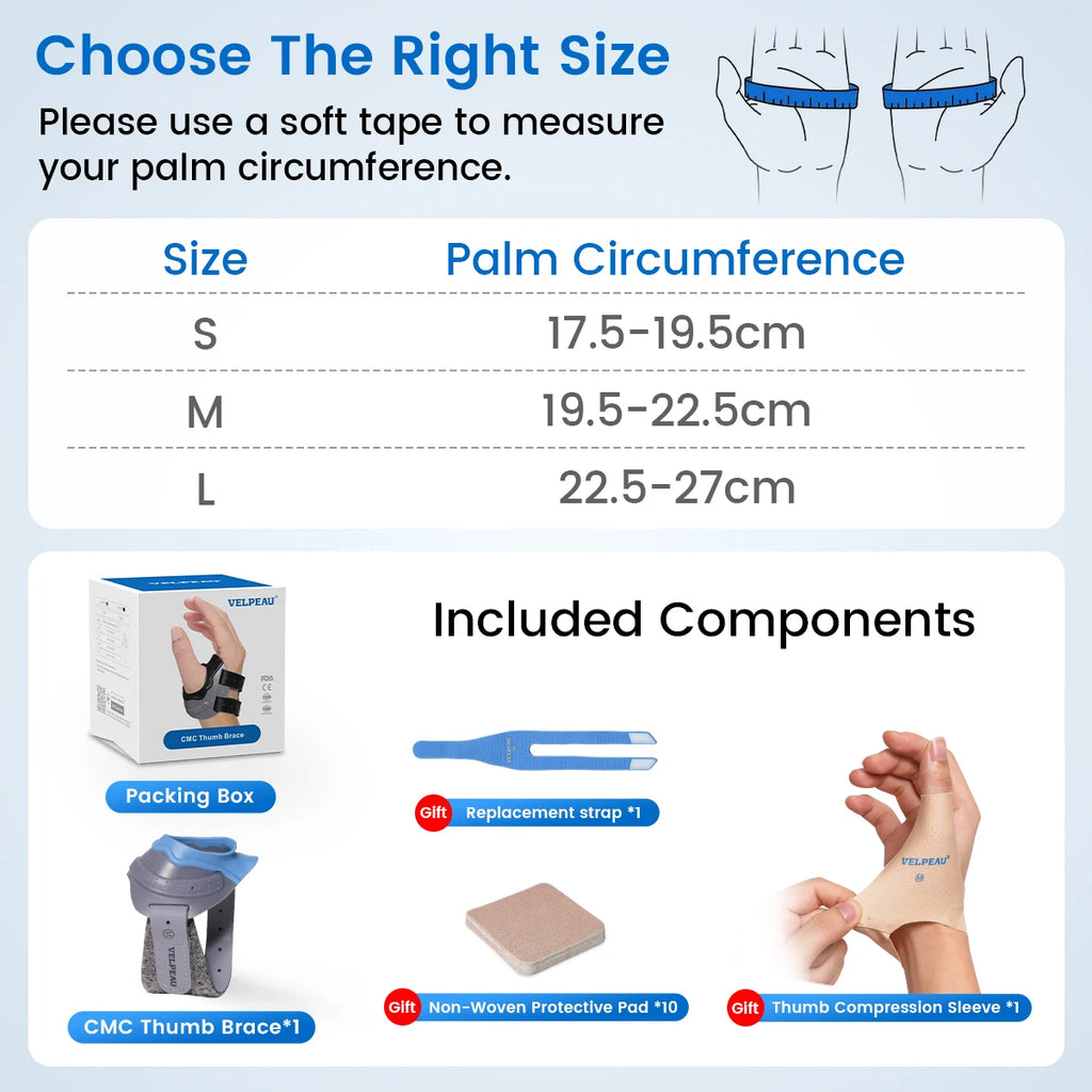 VELPEAU CMC Thumb Brace with Shape-memory Restriction Splint, Thumb CMC Joint Stabilizer for Thumb Basal Arthritis Pain