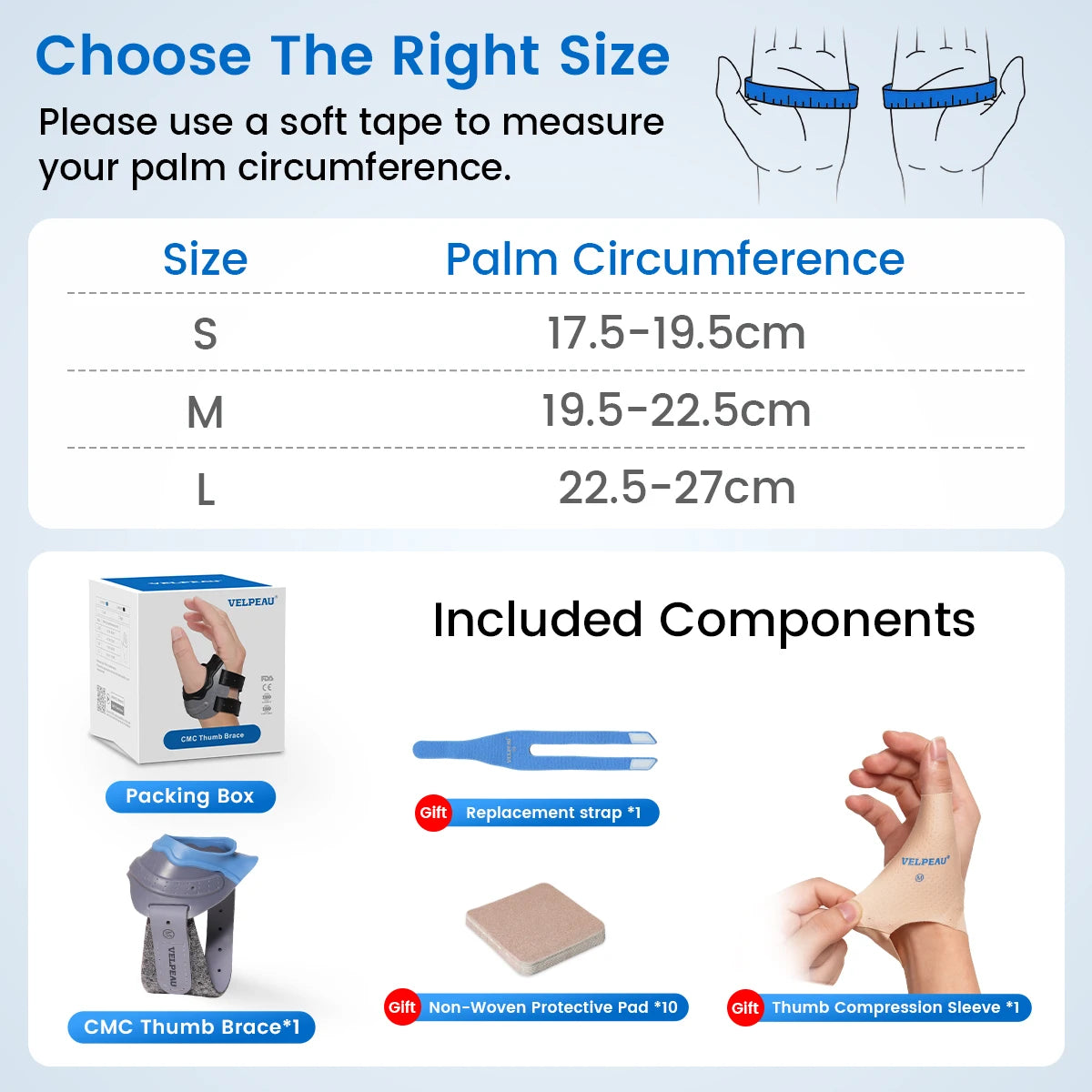 VELPEAU CMC Thumb Brace with Shape-memory Restriction Splint, Thumb CMC Joint Stabilizer for Thumb Basal Arthritis Pain