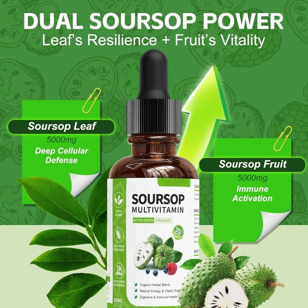 Soursop Liquid Drops Herbal Extract Plant Based Supplement with Soursop Fruit and Leaf Blend Daily Wellness Formula Vegan