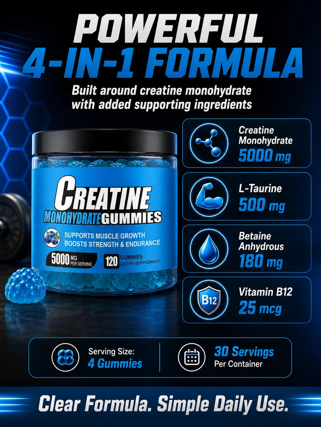 Creatine Monohydrate Gummies 5000mg Per Serving, 120 Gummies for Muscle Strength, Endurance & Energy, Dietary Supplement