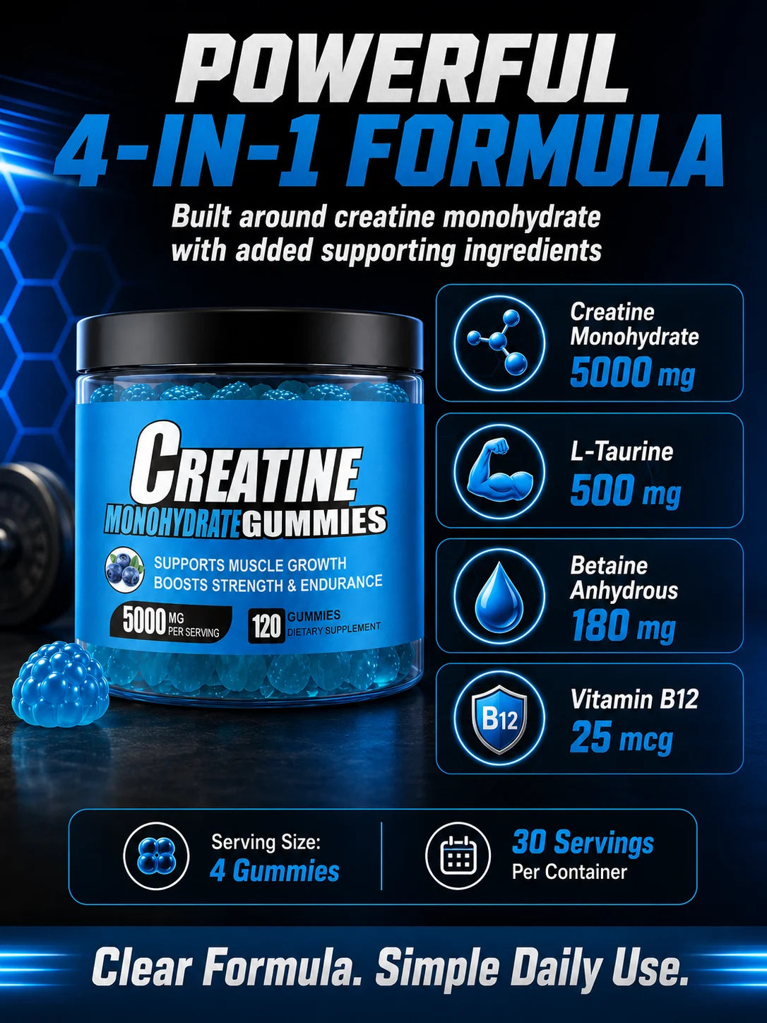 Creatine Monohydrate Gummies 5000mg Per Serving, 120 Gummies for Muscle Strength, Endurance & Energy, Dietary Supplement