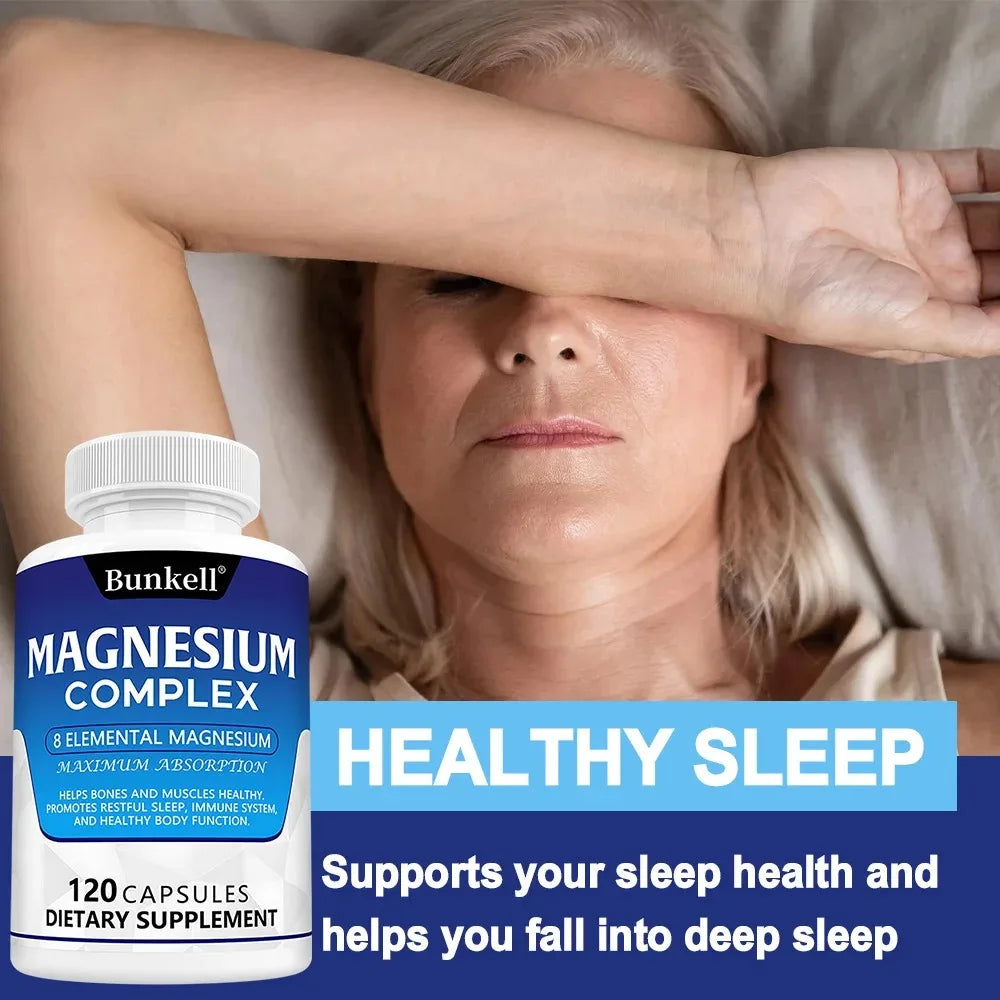 Magnesium Complex Supplement 8 Elemental 1000mg - for Bones, Muscle, Recovery, Energy, Vegan Non-GMO 120 Capsules