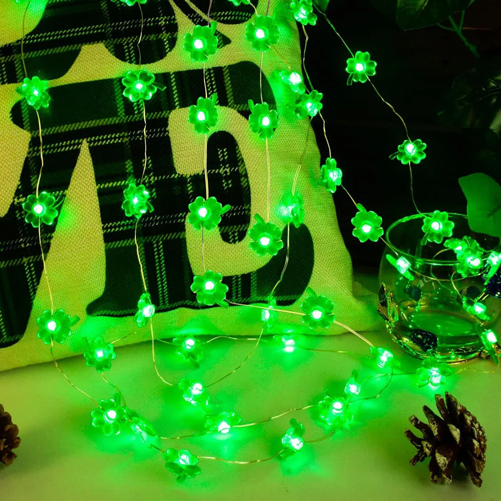 2M Clover Indoor Decorative Lights Battery-Powered Clover String Lights Lucky Four-Leaf Clover Green Lights DIY Party Decoration