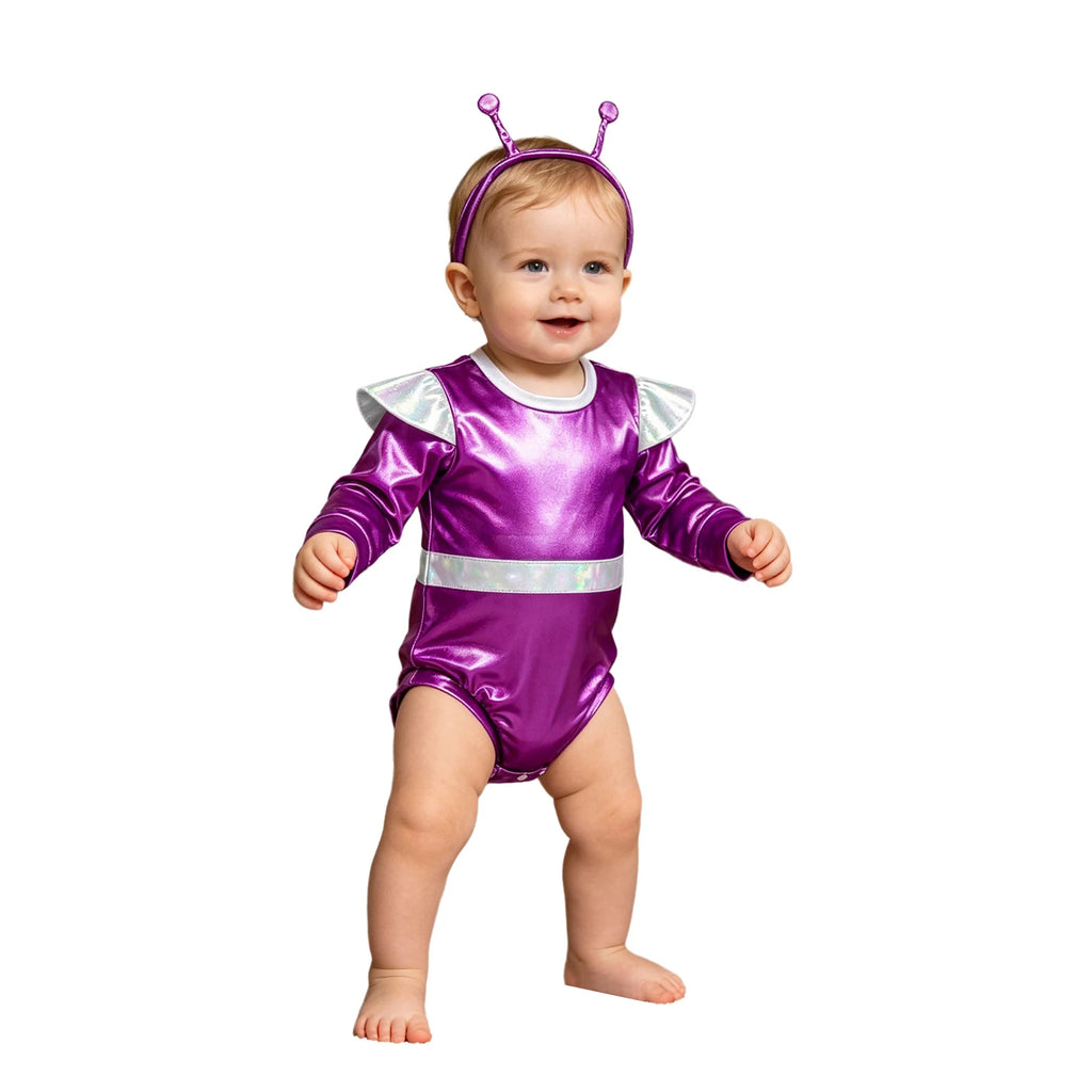 Little Boys Girls Halloween Theme Party Metallic Shiny Alien Rompers Space Robot Astronaut Dress Up Jumpsuit Photography Costume