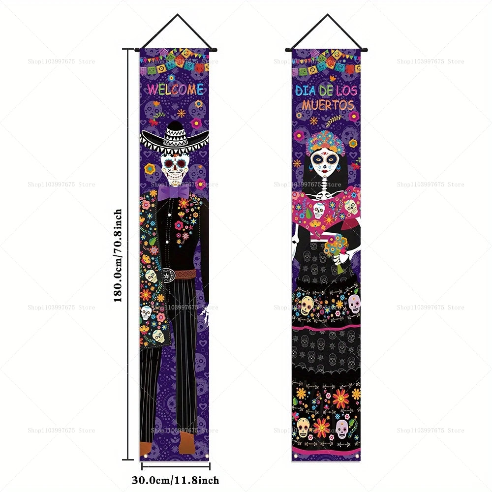 Halloween Decorations Dia De Los Muertos Porch Sign Banners Mexico Day of The Dead Hanging Banner for Indoor Outdoor Wall Decor