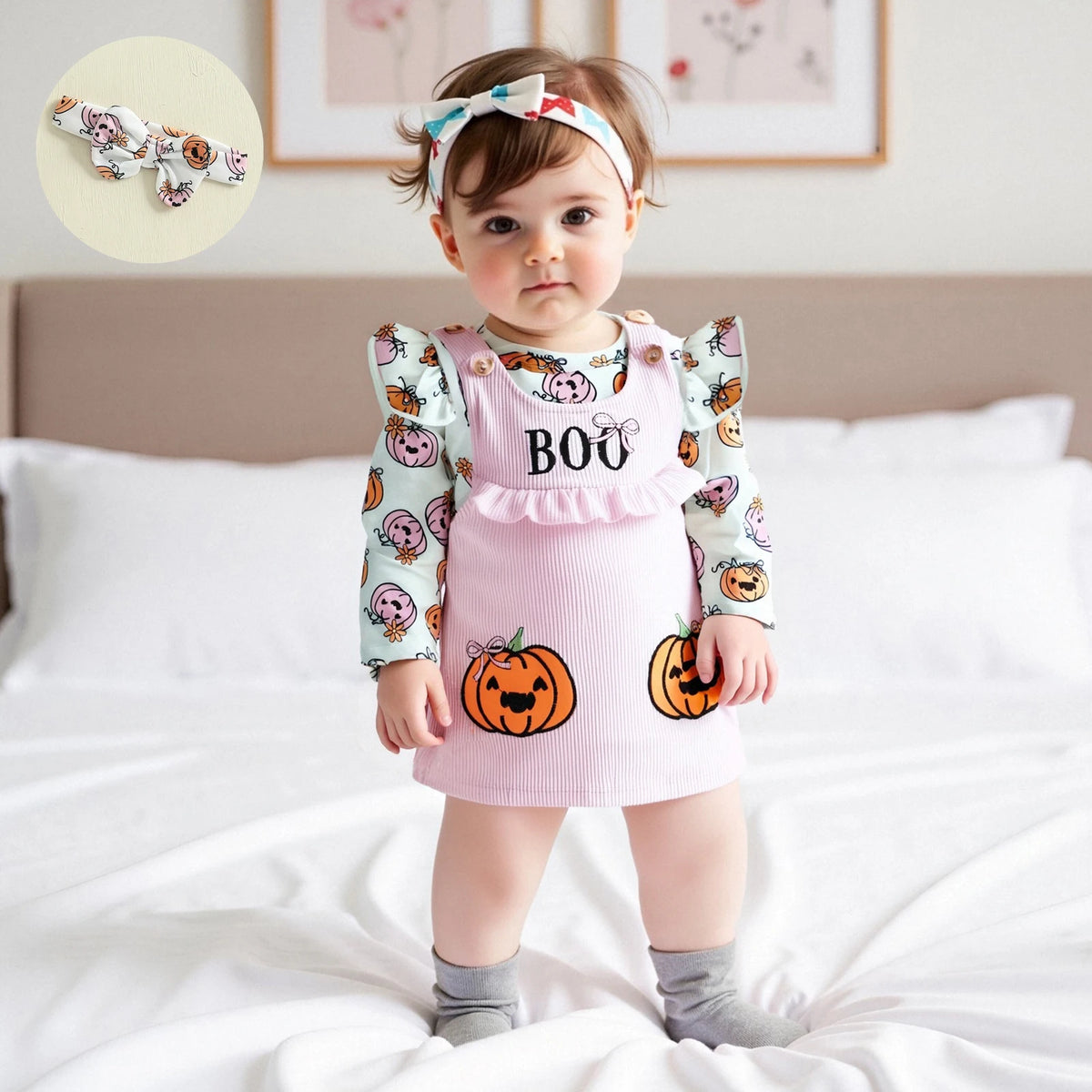 0-18M Baby Girl Halloween Outfit Long Sleeve Romper Pumpkin Print Overall Dress Headband Set Newborn Fall Clothes