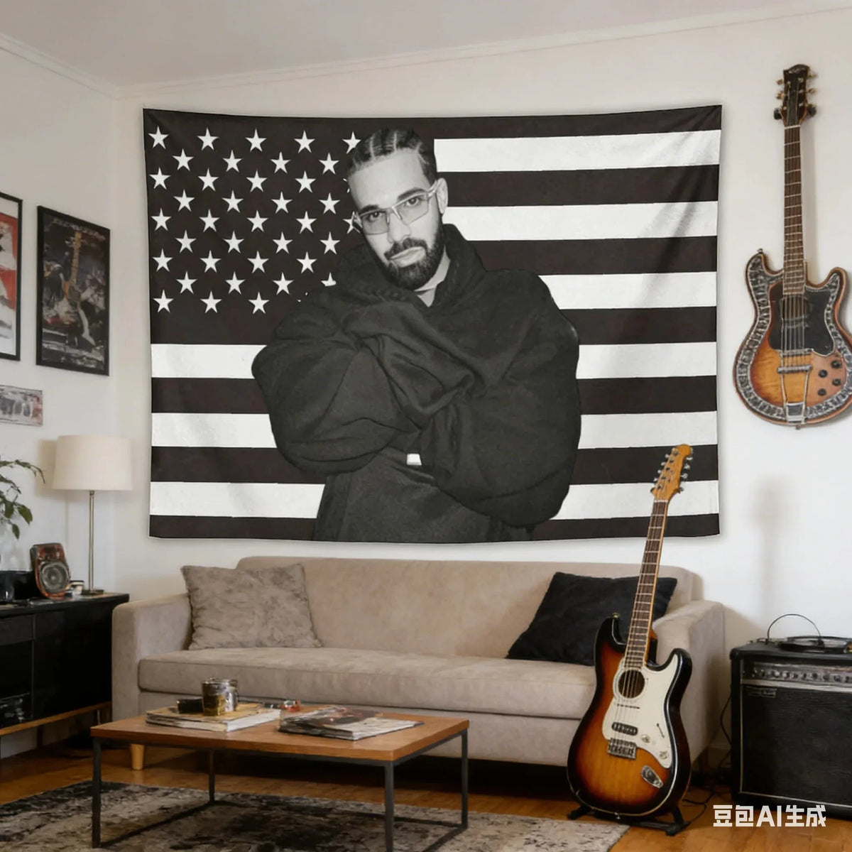 VIKAMA Drake Hip Hop Flag Tapestry Polyester Wall Hanging Black White American Flag Art for Bedroom Living Room Dorm Home Decor