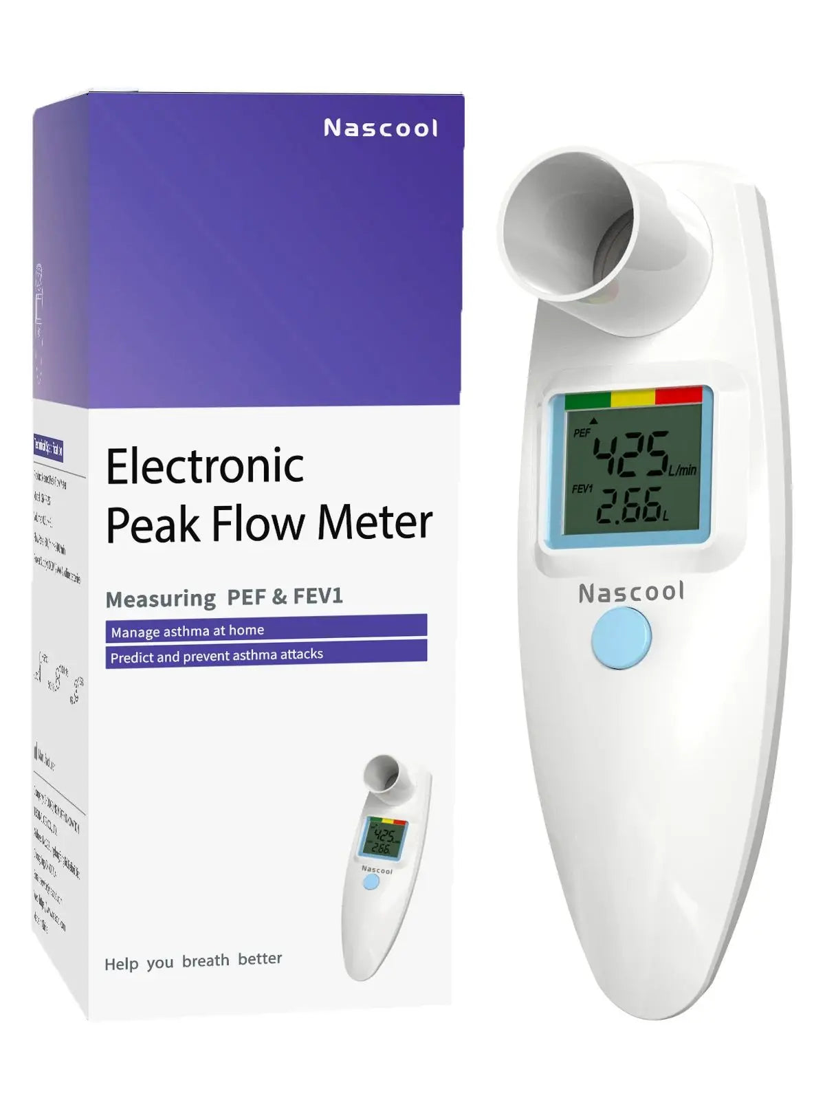 Nascool Digital Peak Flow Meter for Asthma COPD, Spirometer for PEF & FEV1 Test