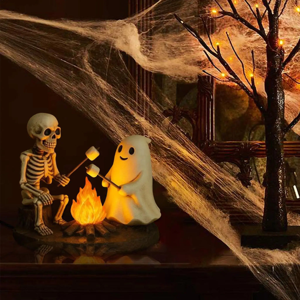 Halloween Skeleton & Ghost Bonfire Night Lamp, Flickering Campfire Nightlight, Spooky Indoor Tabletop Home Decoration Ornament