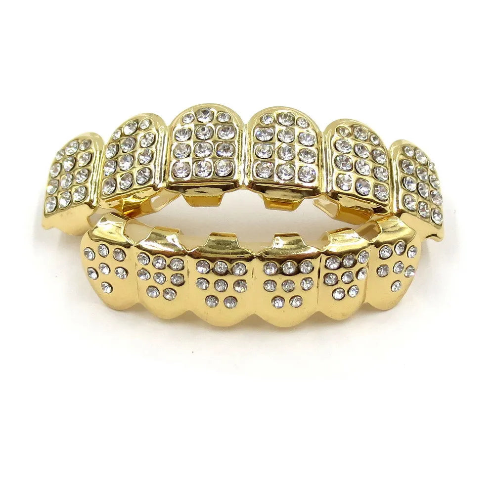 TOPGRILLZ Fashion Hip Hop Gold Silver Color Iced Out CZ Stones Teeth Grillz Top Bottom Teeth Braces For Men Women Jewelry Gifts