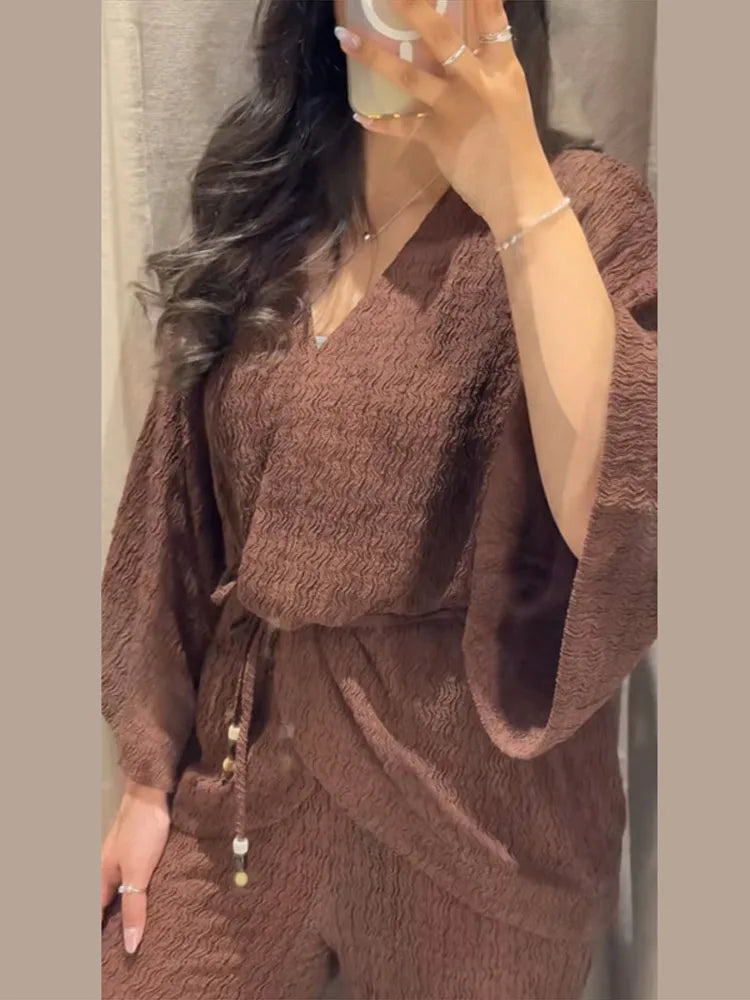 Tie Front Textured Women's Set V-Neck Loose Set Wide Sleeve Drawstring Pants Casual Lounge Solid Color 2 Piece Outfits For Daily