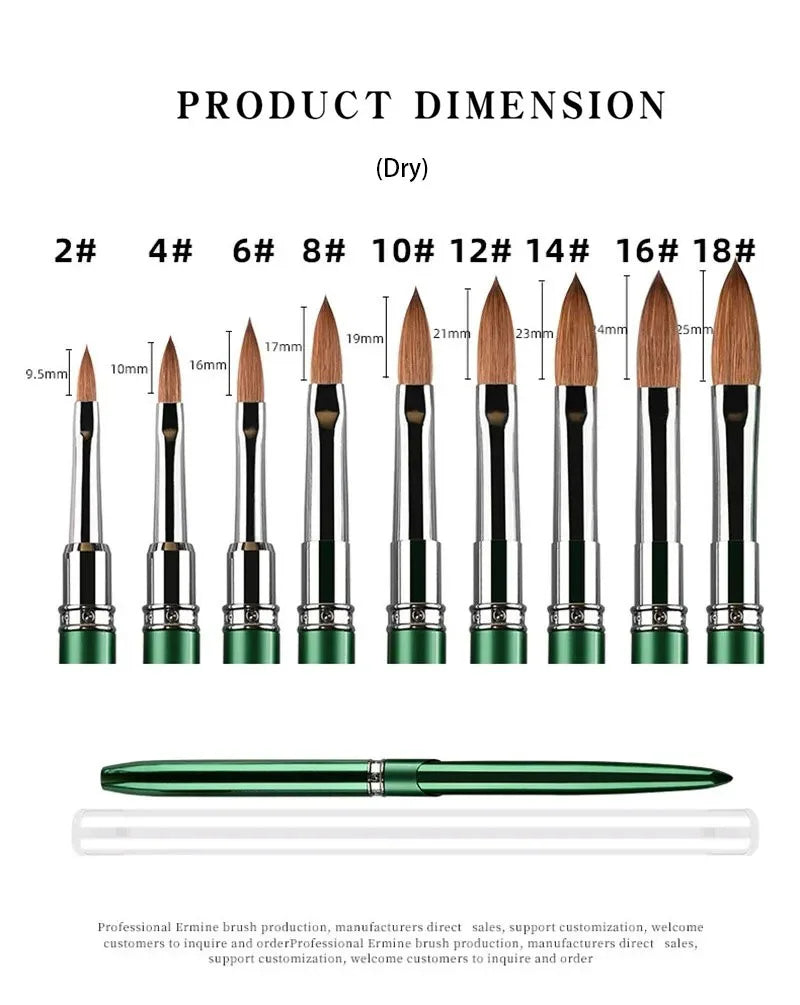100% Kolinsky Acrylic Nail Brush 1Pcs Green Crimped Metal Handle Drawing Brush for Acrylic Powder Size 2-18