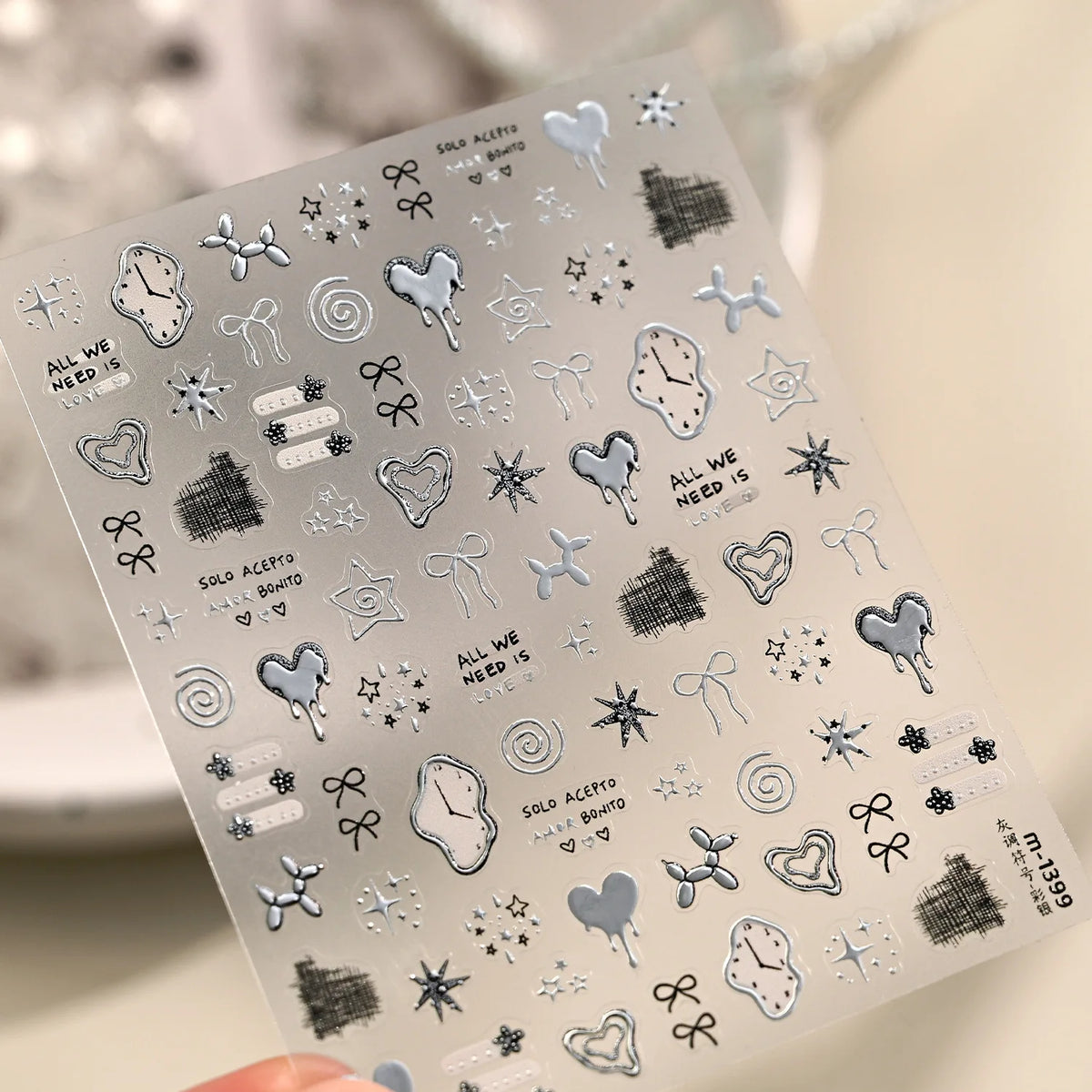 5D Nail Stickers Cute Stars Bow Nail Art Stickers Silver Metallic Metal Graffiti Gray Y2K Symbol DIY Nail 3D Decorations Decals