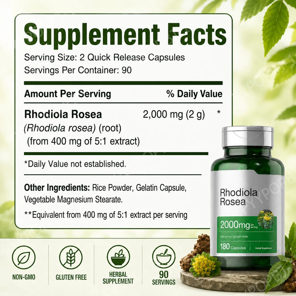 Rhodiola Rosea Root Extract 2000mg Equivalent Herbal Dietary Supplement 180 Capsules