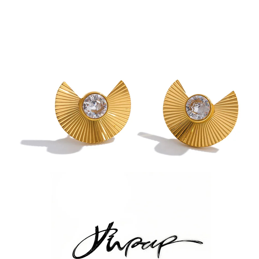 Yhpup Stainless Steel Cubic Zirconia Fan Stud Earrings  for All Occasions 18K Gold Color PVD Plated Delicate Jewelry Waterproof
