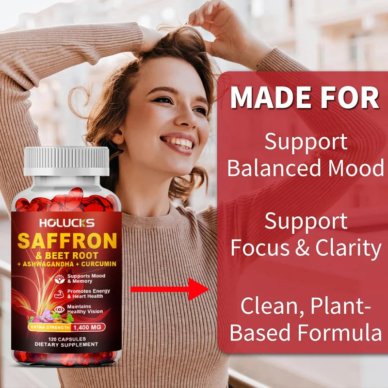 Saffron Extract Supplement, Boost Energy & Mood, for Eye & Heart Health, Focus, Vision Support, with Beet Root & Ashwagandha