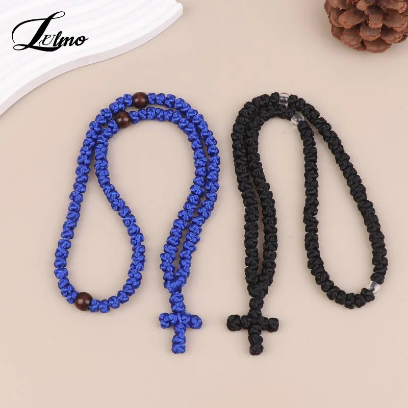 Handmade Orthodox Komboskini Prayer Rope Necklace Black Blue Knot Religious Cross Rosary Jewelry Gift For Believers
