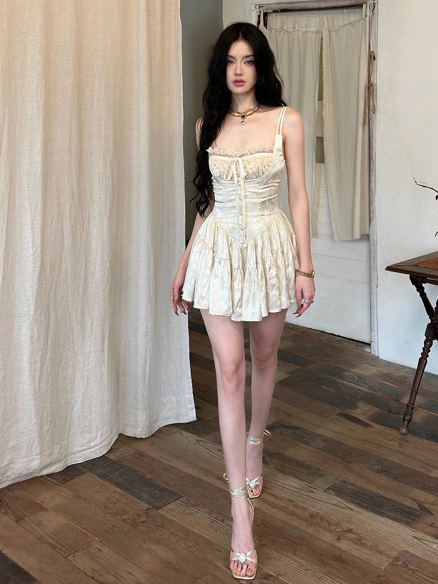 REDDACHiC Medieval Retro Satin Mini Dress & Lace Shorts Coquette Floral Corset Camisole Rompers Date Party Summer Women Clothes