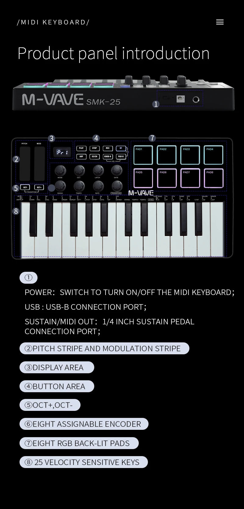 M-VAVE Portable MIDI 25-Key USB MIDI Keyboard Controller with 8 Backlit Drum Pads 8 Knobs 8 RGB Music Keyboard Instruments