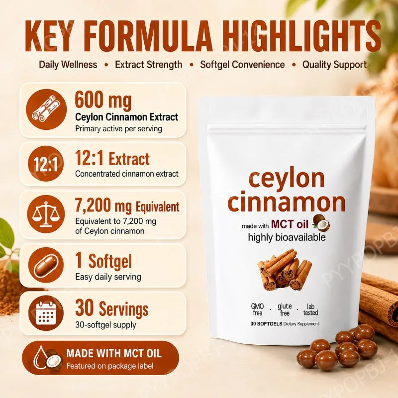 Ceylon Cinnamon Softgels with MCT Oil Daily Wellness Support Highly Bioavailable 30 Softgels
