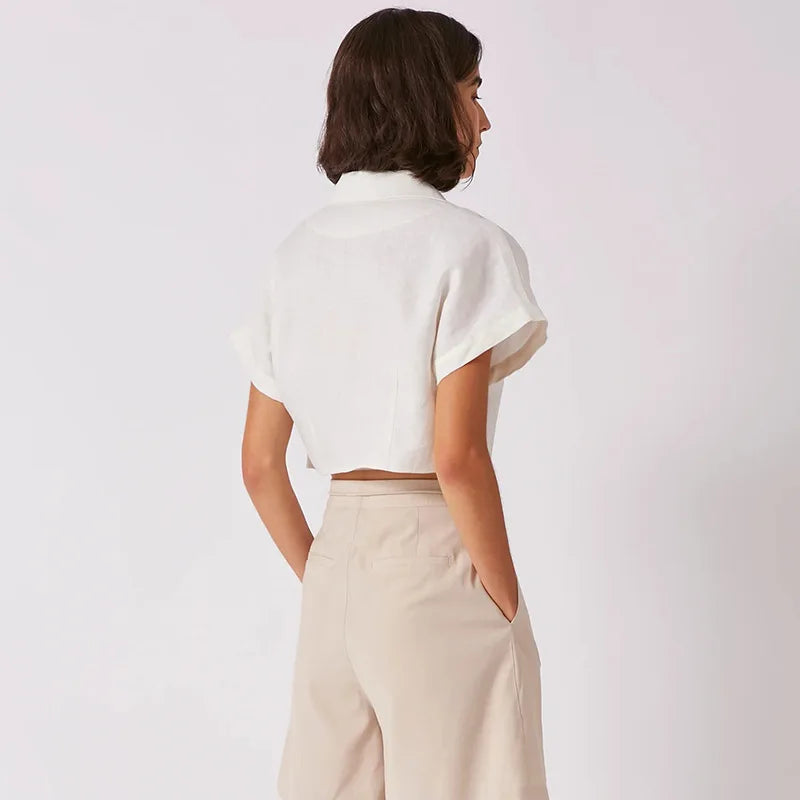 100% Linen Women's Shirt Vintage Notched Collar Short Sleeve Button Up Shirts Elegant Fashion Woman Blouses 2026 Blusas Feminina