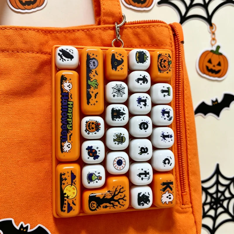 Halloween Keyboard Clicker Keychain 26 Keys Cute Cartoon Stress Relief with Click Sound Backpack Pendant Party Favor for Adults
