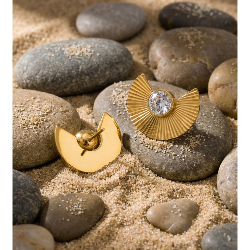 Yhpup Stainless Steel Cubic Zirconia Fan Stud Earrings  for All Occasions 18K Gold Color PVD Plated Delicate Jewelry Waterproof