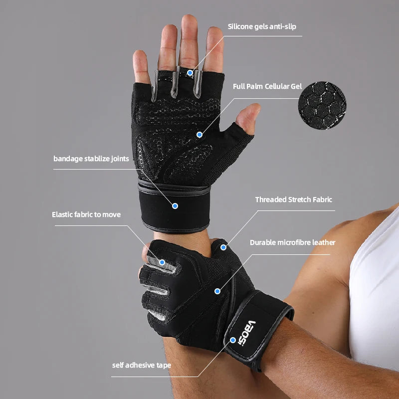 VBOSi Shock-Absorbing Half Finger Fitness Gloves for Men Women Anti-Slip Cycling Weightlifting Dumbbell