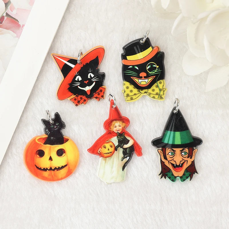 10Pcs Vintage Halloween Charms Creative Acrylic Pumpkins Black Cat Pendant For Necklace Earring DIY Making Accessories