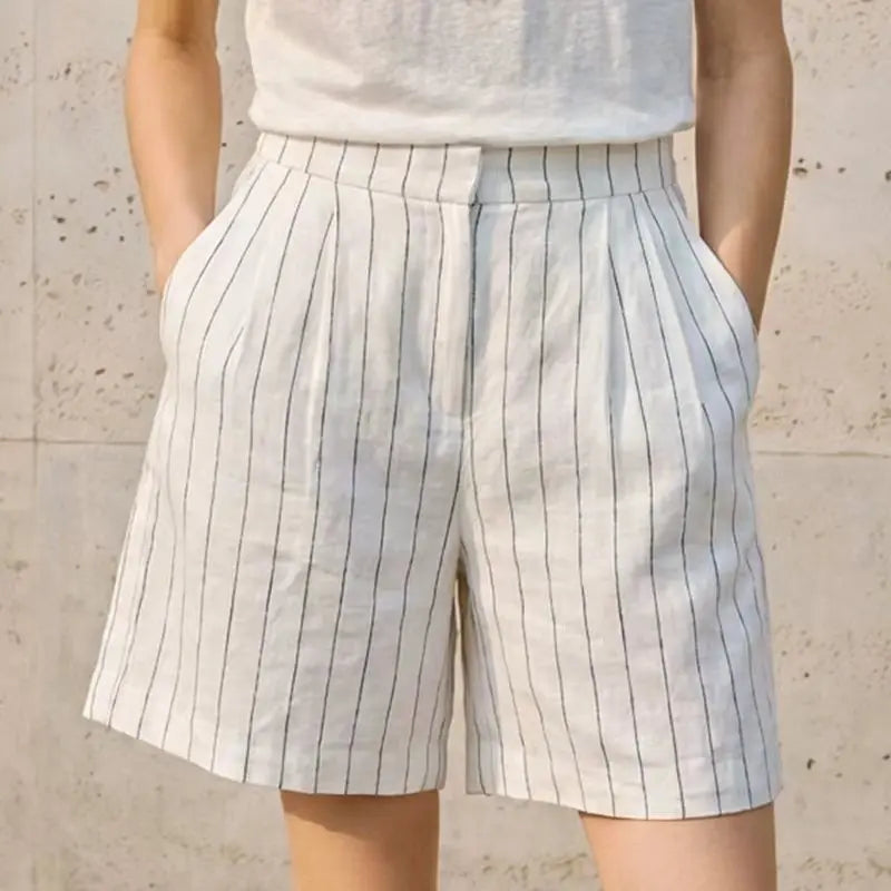 100% Linen Retro Striped Shorts For Women Summer New Loose High Waisted Straight Leg Pants Commuting Casual Girl Shorts