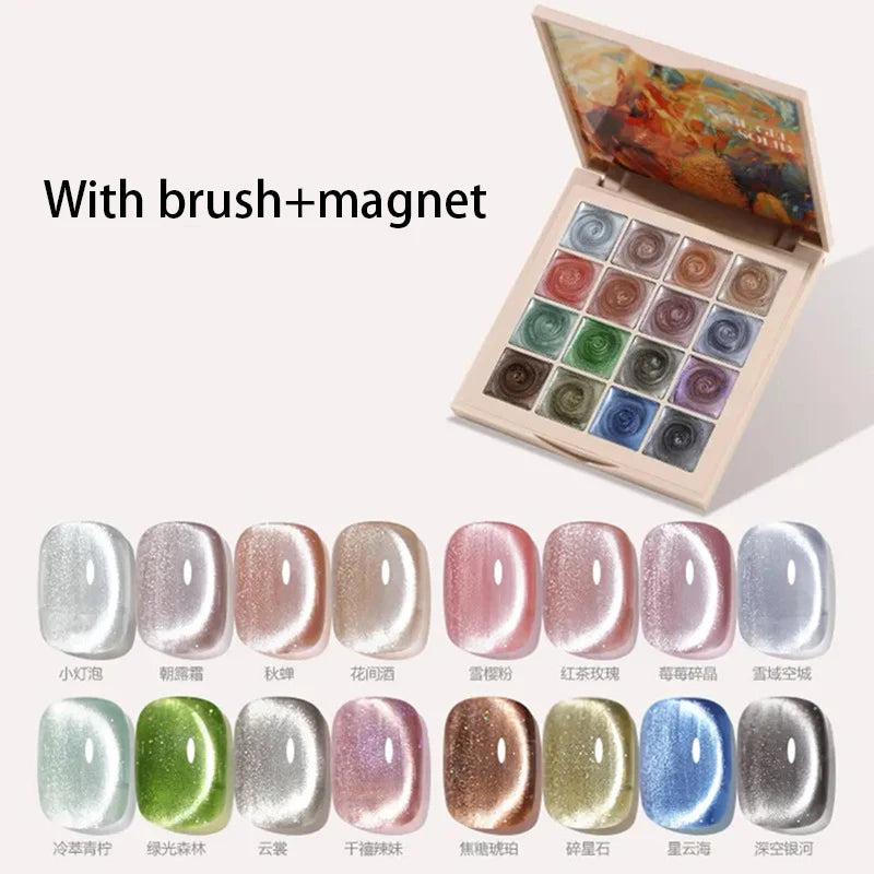 16colors Japanese Holographic Glitter Mirror Porcelain White Cat Eye Gel Polish Palette Magnetic Galactic Effect Gel Nail Polish