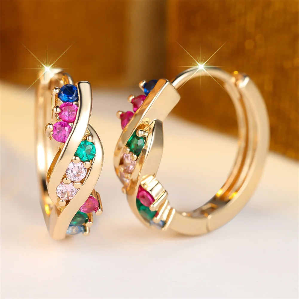 Multicolor Crystal Small Round Stone Twisted Hoop Earrings For Women Vintage Gold Color Ear Buckle Wedding Party Jewelry Gifts