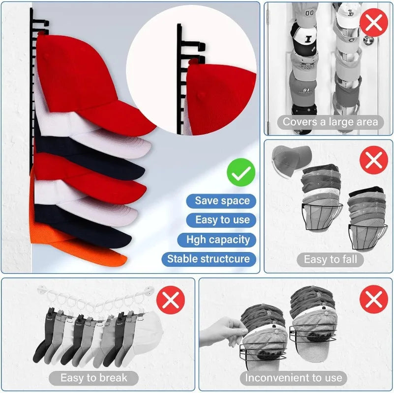 10-slot Wall-mounted Hat Rack,  Drilling Required, Hat Rack for Baseball Caps, Wardrobe Storage, Space-saving