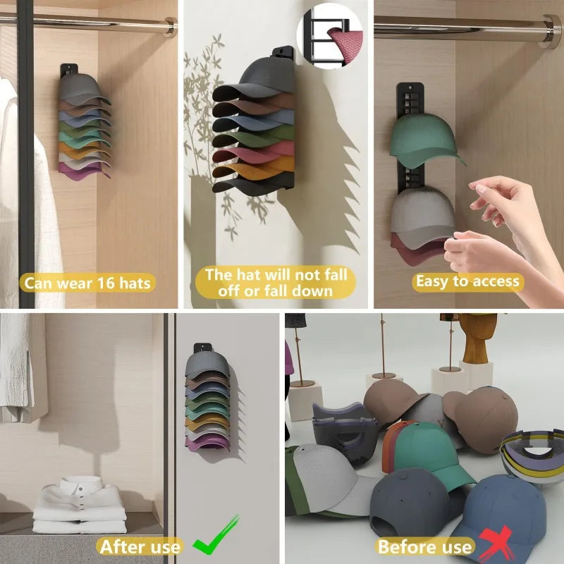 10-slot Wall-mounted Hat Rack,  Drilling Required, Hat Rack for Baseball Caps, Wardrobe Storage, Space-saving