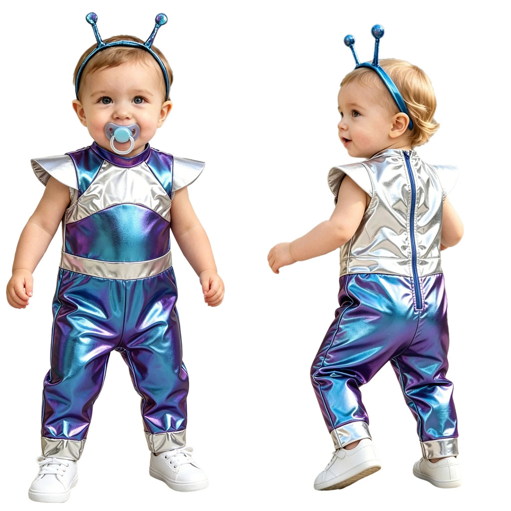 Little Boys Girls Halloween Theme Party Metallic Shiny Alien Rompers Space Robot Astronaut Dress Up Jumpsuit Photography Costume