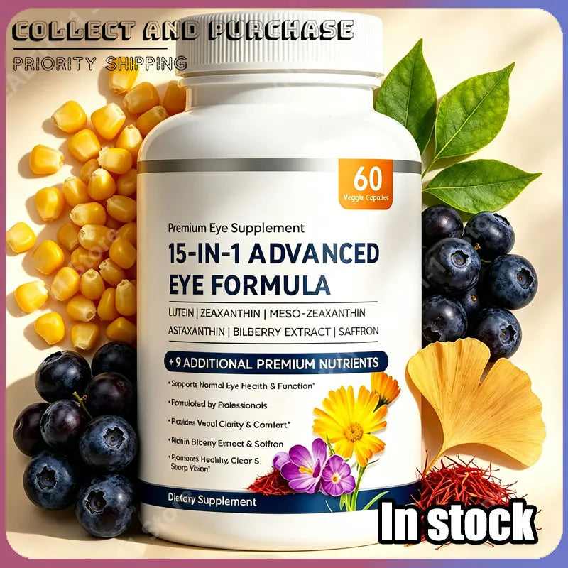 15 in 1 Advanced Eye Formula Lutein Zeaxanthin Bilberry Extract Vitamin C & E Supports Eye Health 60 Veggie Capsules for adult