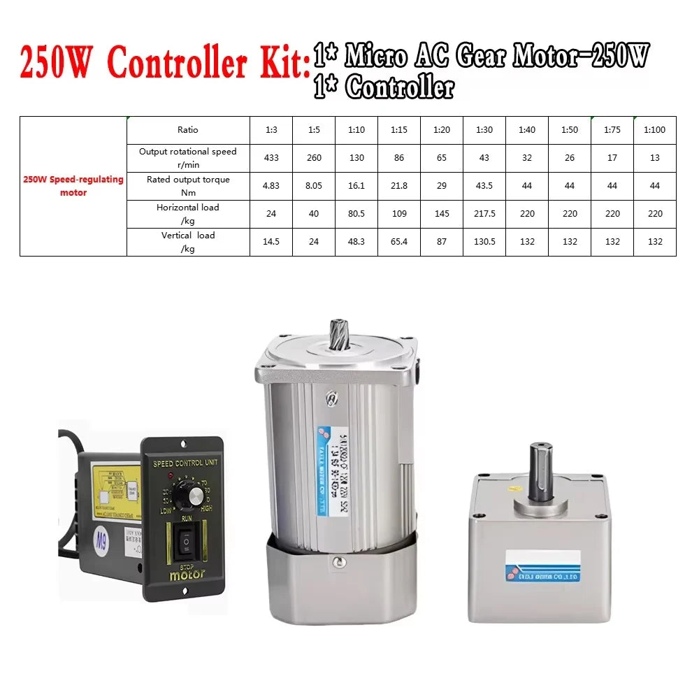 200W 250W Micro AC Motor Kit 220V Gear Motor Speed Forward and Reverse Controller+Single Phase Asynchronous Motor 50/60hz ForCNC