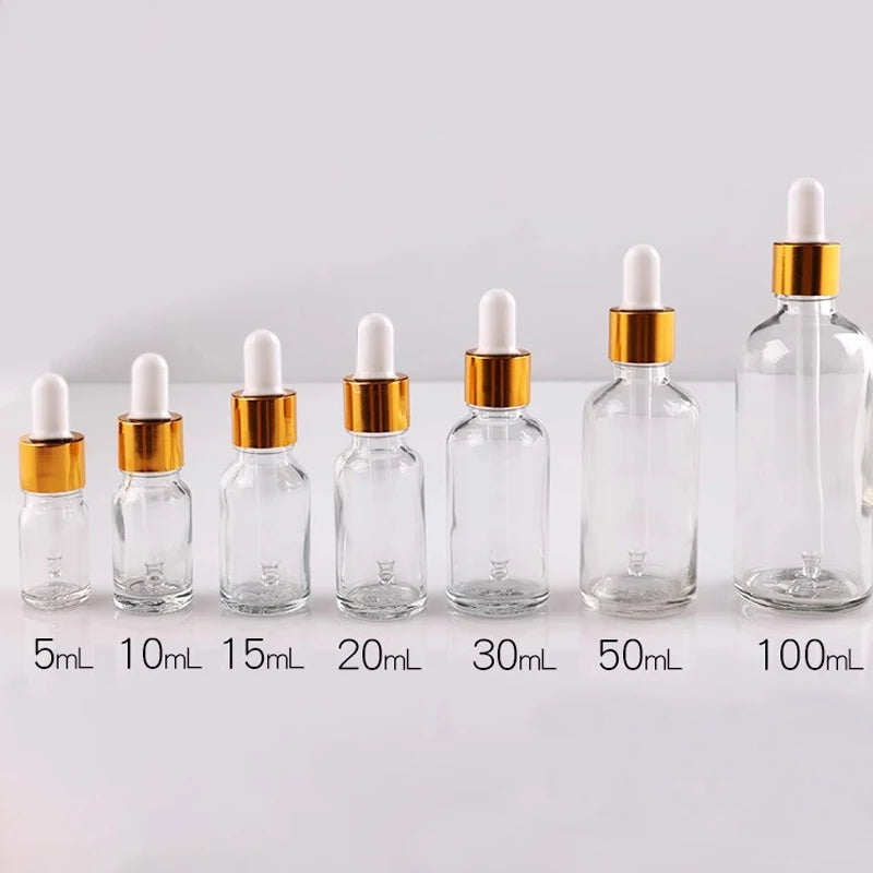 10pcs/lot  Lab Clear Glass Dropper Bottle with Golden Circle Cap 5ml 10ml 15ml 20ml 30ml 50ml 100ml