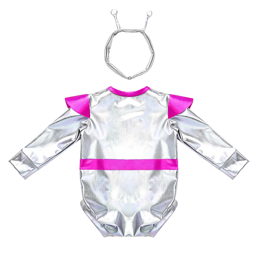 Little Boys Girls Halloween Theme Party Metallic Shiny Alien Rompers Space Robot Astronaut Dress Up Jumpsuit Photography Costume