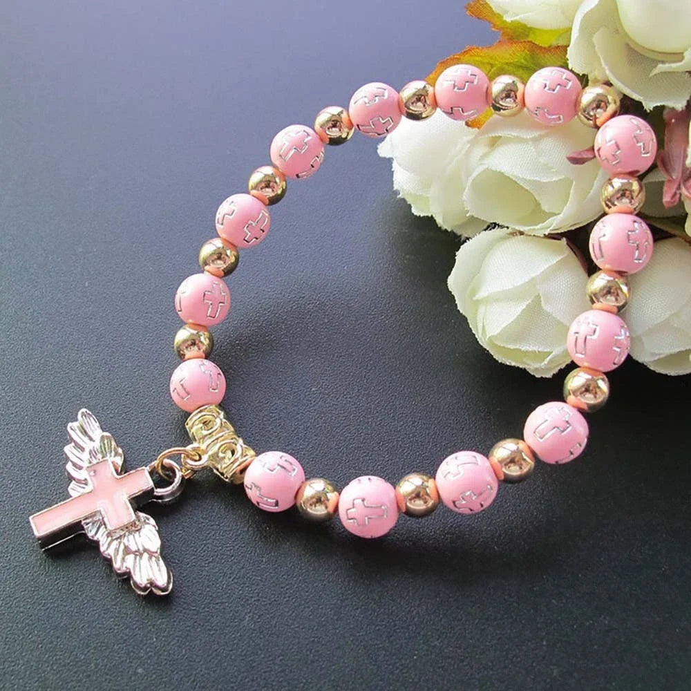 Fashion Acrylic Beaded Bangles Bracelet With Angel Wings Cross Pendant For Women Men Wristbands Lucky Jewelry Gifts