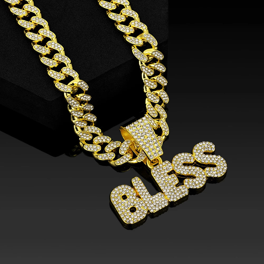 Hip Hop Letter BLESS Pendant Necklace for Women Men Shiny Rhinestones 13MM Cuban Chain Crystal Necklaces Fashion Jewelry Gifts