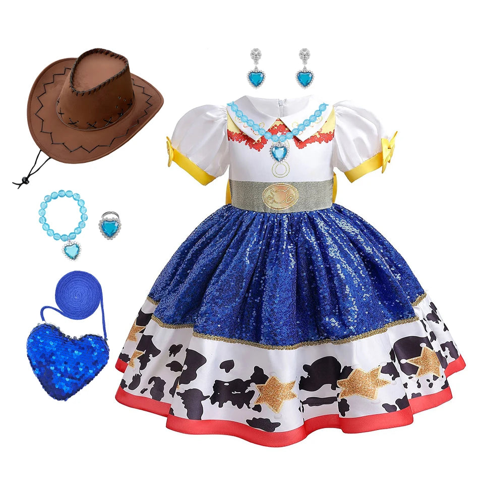 Girl Jessie Dress Kids Yellow Blue Cowgirl Cosplay Costume Kids Fancy Party Outfit Halloween Christmas Gift