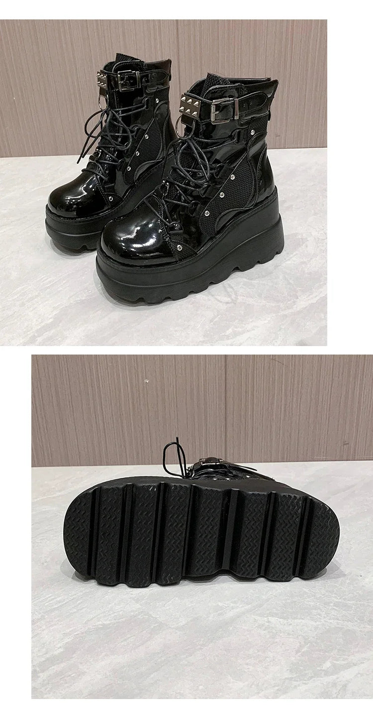 2025 New Design Women Punk Gothic Motorcycle Boots Platform Chunky High Heel Ankle Boot Ladies Cool Wedge Black Female Shoes