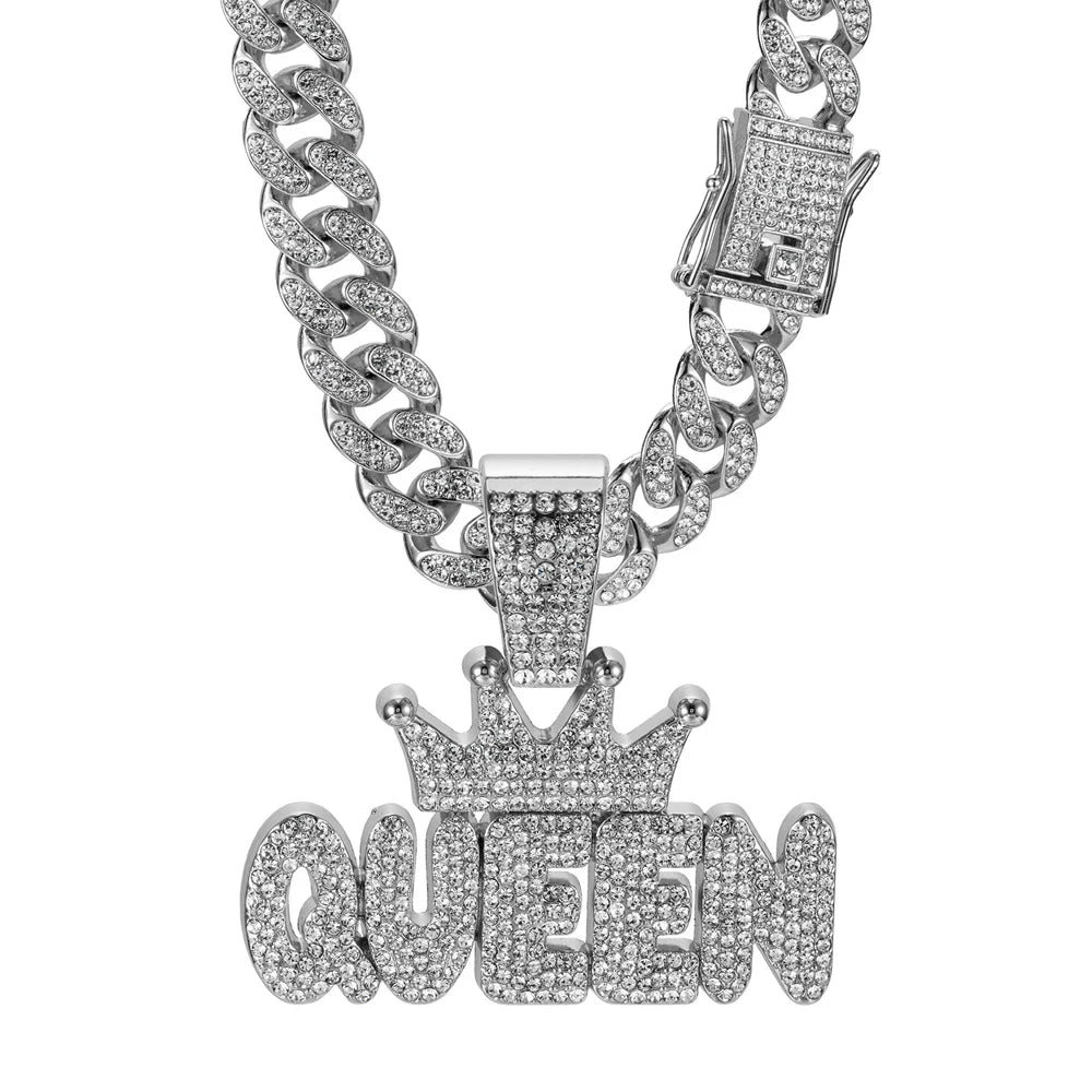 Men's Hip Hop Crown with QUEEN Letter Pendant Necklace For Women Crystal Cuban Chain Iced Out Bling Necklaces Rock Biker Jewelry