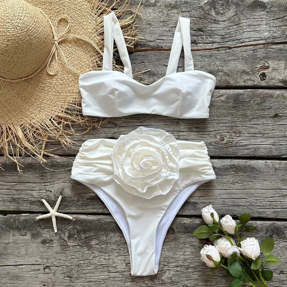 Two-Piece Women Floral Lace-Up 2023 Push-Up Padded Bra White Bikini Set Swimsuit Swimwear Bathing Suit Beachwear Biquini