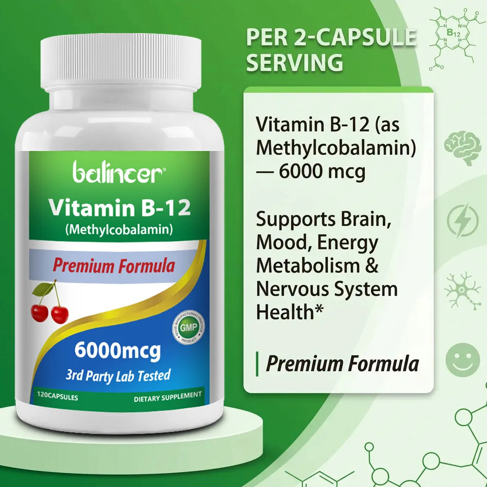Vitamin B12 Supplement 6000mcg - Energy Brain Memory Mood, Heart  Function, Nervous & Immune System Support, 30/60/120 Capsules
