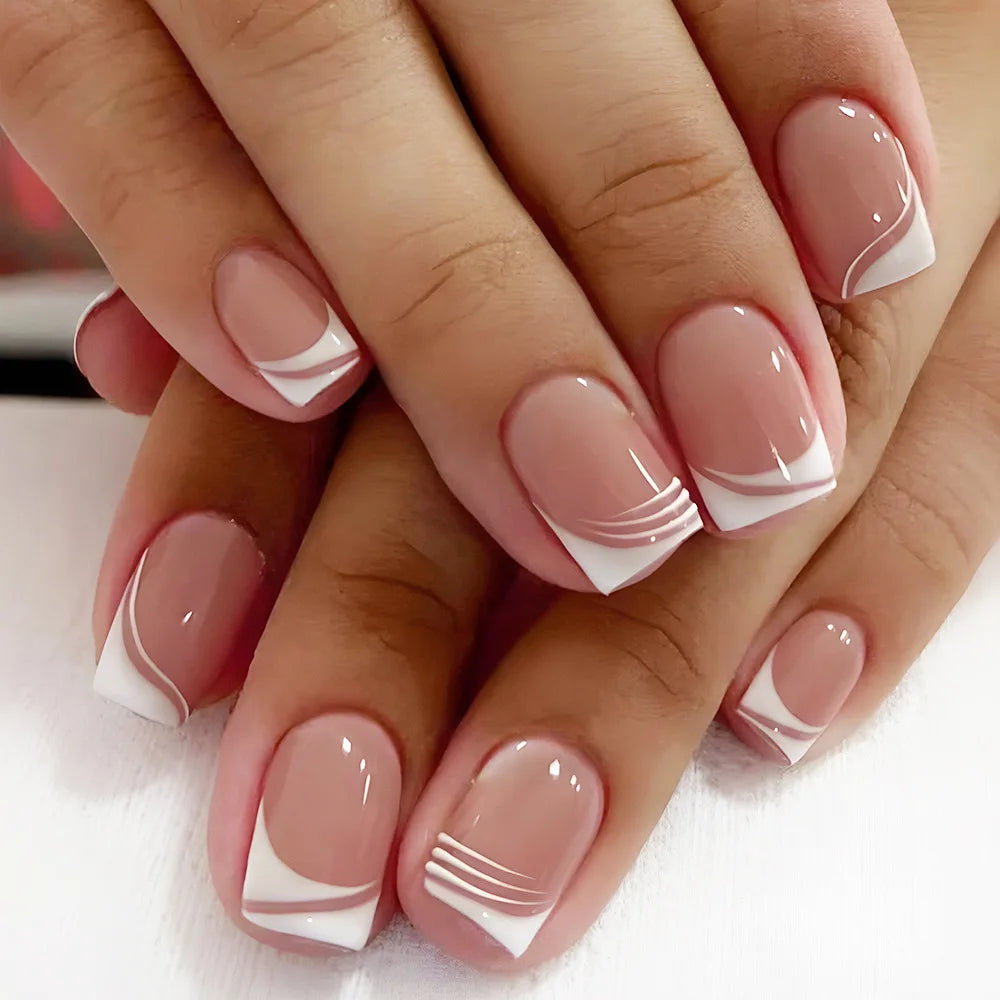 24Pcs Simple Square Head Fake Nail with nude design White Gradient French Press on False Nails Short Full Cover Nail Tips