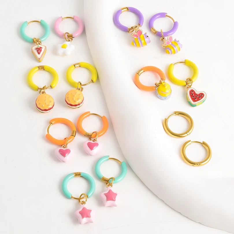 1Pair Dopamine Enamel Sweet Heart  Cute Bee Flower Y2K Girl Aesthetic Aretes Funny Food Cake Gothic Star Hoop Earrings Jewelry