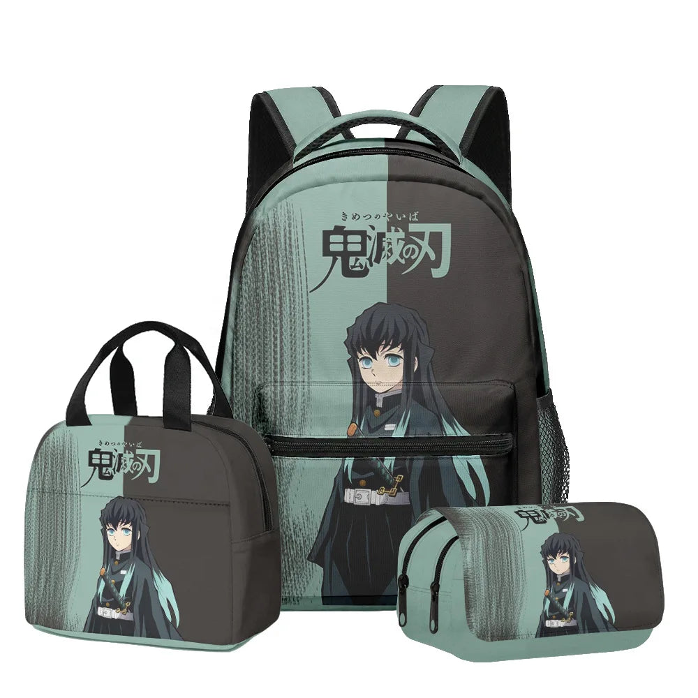 New Anime Peripheral Demon Slayer 3D School Backpack Lunch Bag Pencil Case 3-Piece Set Printed Holiday Gift for Students Gift